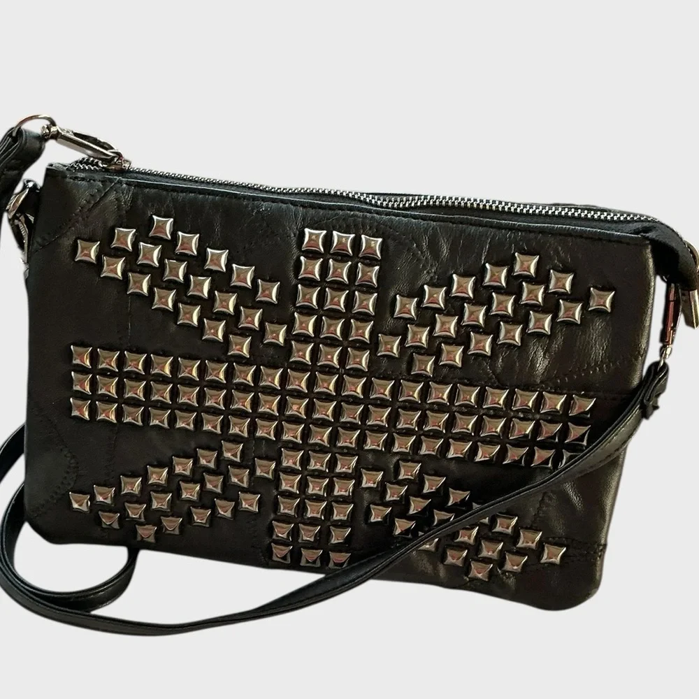 SSAMZIE Studded Black Leather Crossbody Bag Korean - Picture 1 of 13